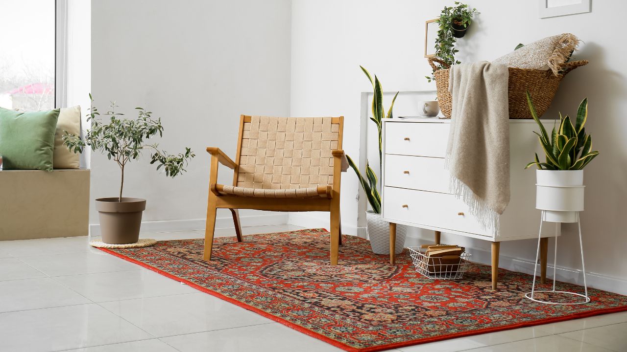 A cozy living room corner with a beige chair, plants, and white furniture.