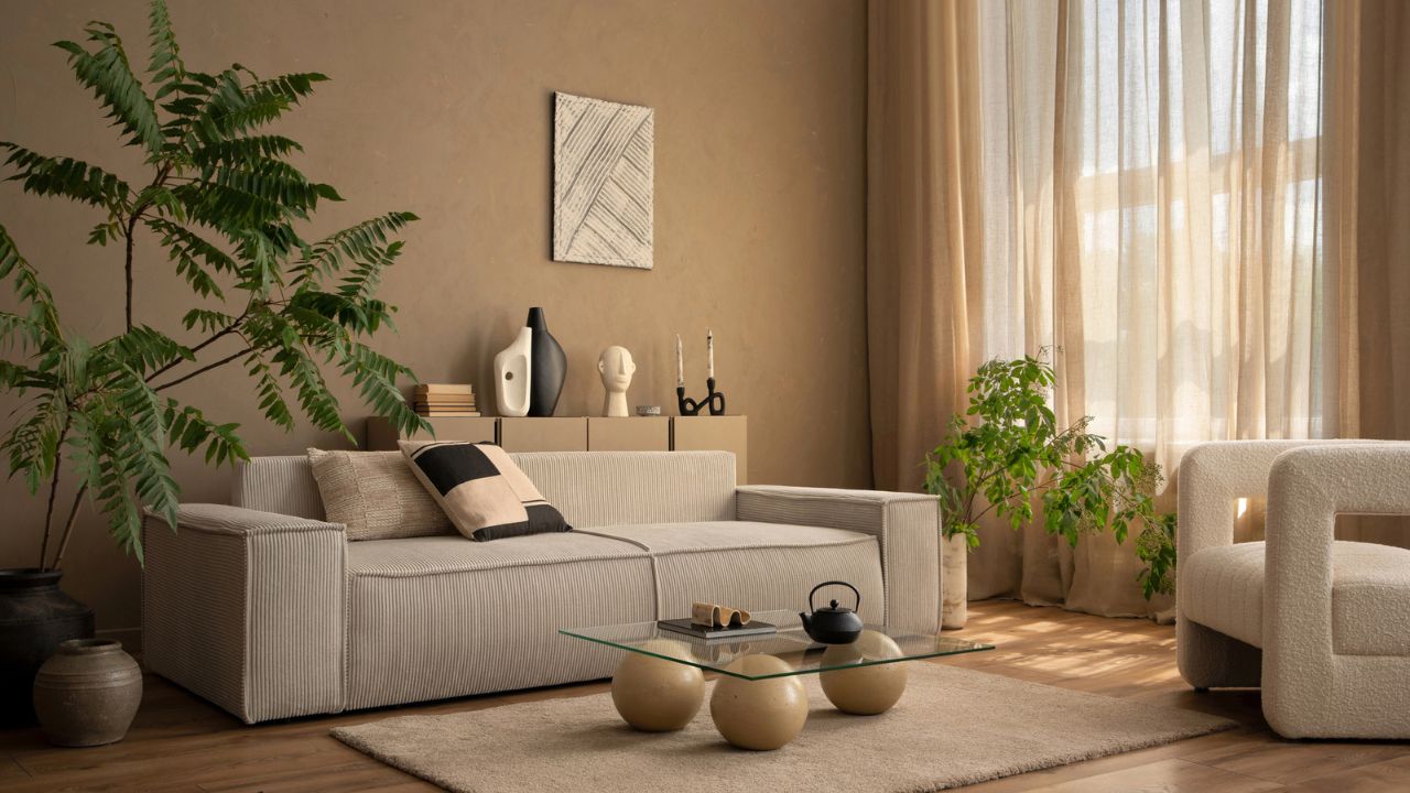 Elegant beige living room with lush green plants.