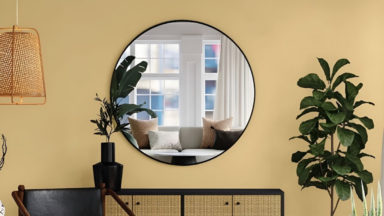 A cozy area with a round mirror, hanging lamp, and potted plant on a black side table.