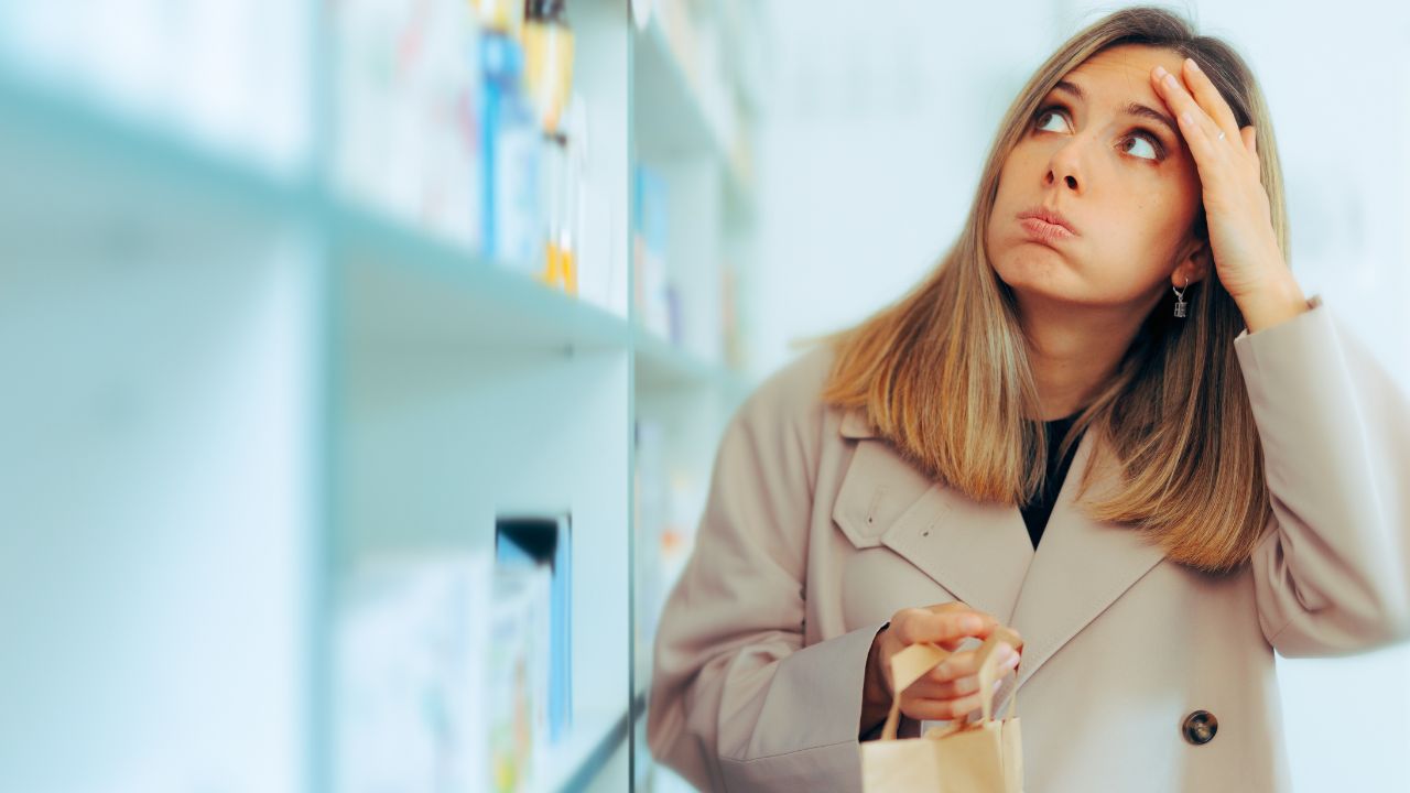 A woman looking confused or pondering, holding her head in a store aisle.
