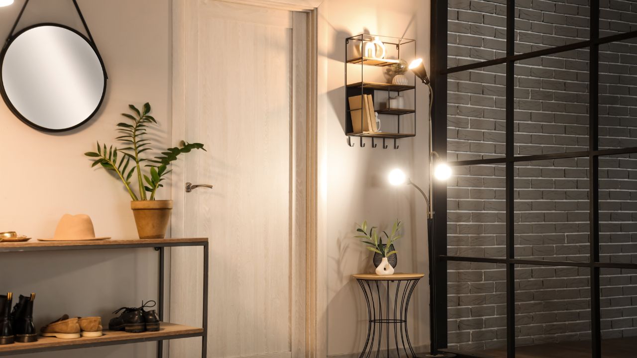 Entryway with a wall mirror, warm lighting, a potted plant, and modern decor elements.