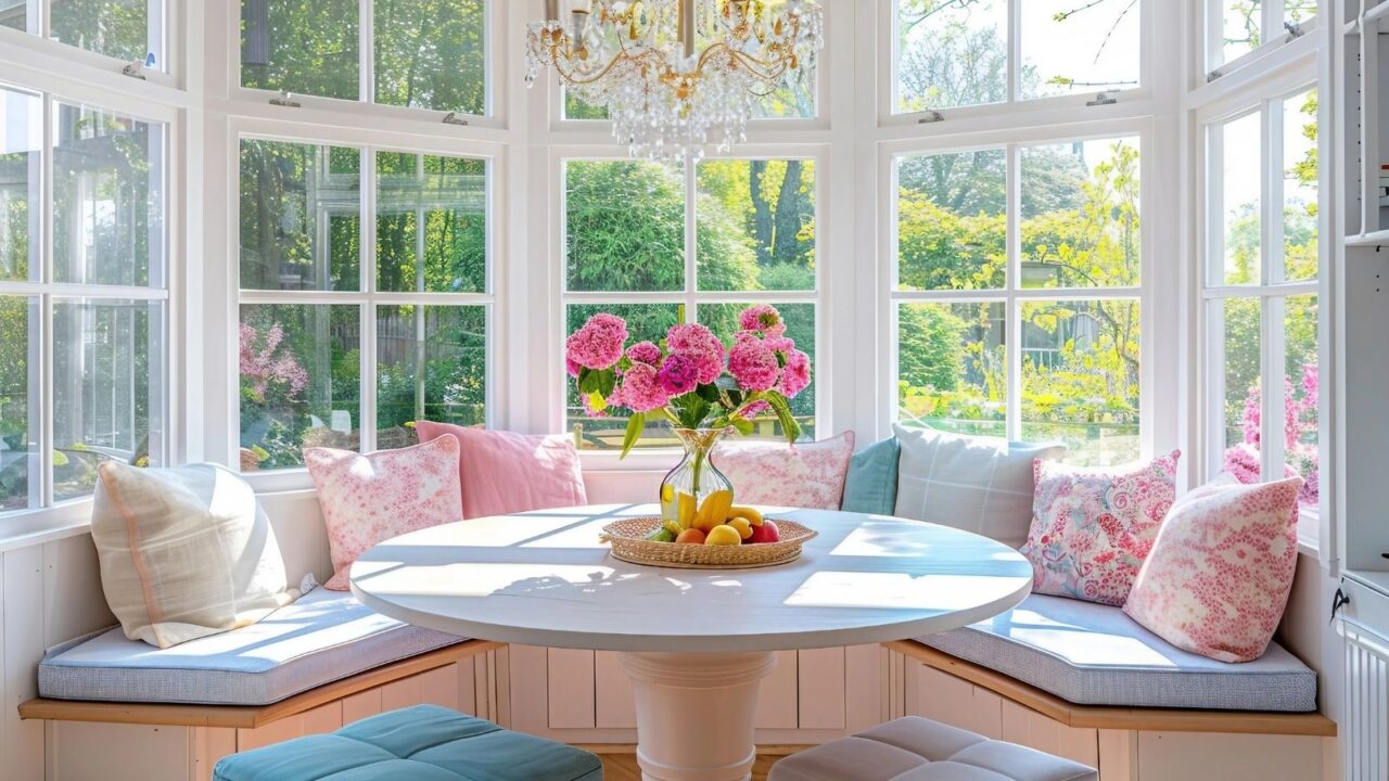 A stylish breakfast nook near a window with round table, cushioned bench with throw pillows, flower vase, and a chandelier.