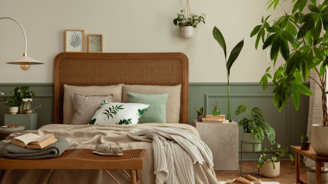 A neatly made bedroom with earthy tones, cozy blankets, and indoor plants.