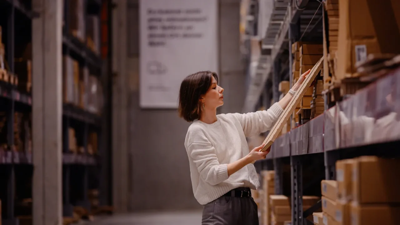 a woman in a white sweater browses a warehouse aisle