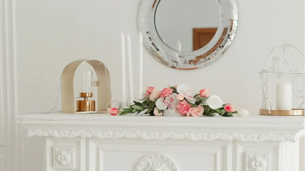 artificial flowers on the fireplace decorative flowers in the interior