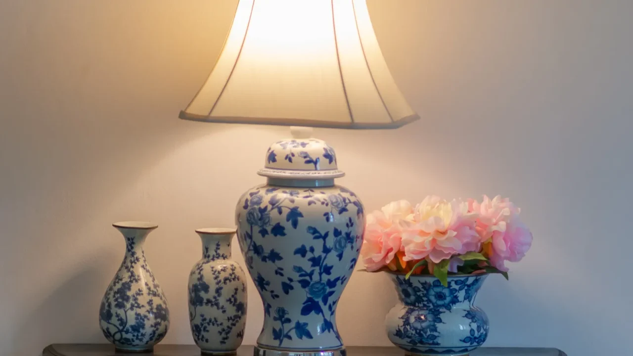 beautiful ceramic flower vase and table lamp light bulb on