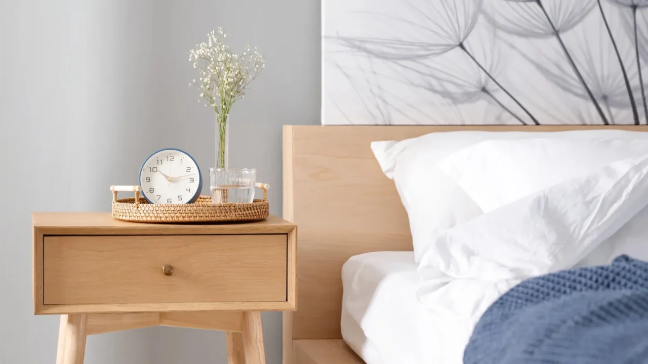 A wooden bedside table with alarm clock, flowers in vase, and a glass of water on a woven decorative tray.