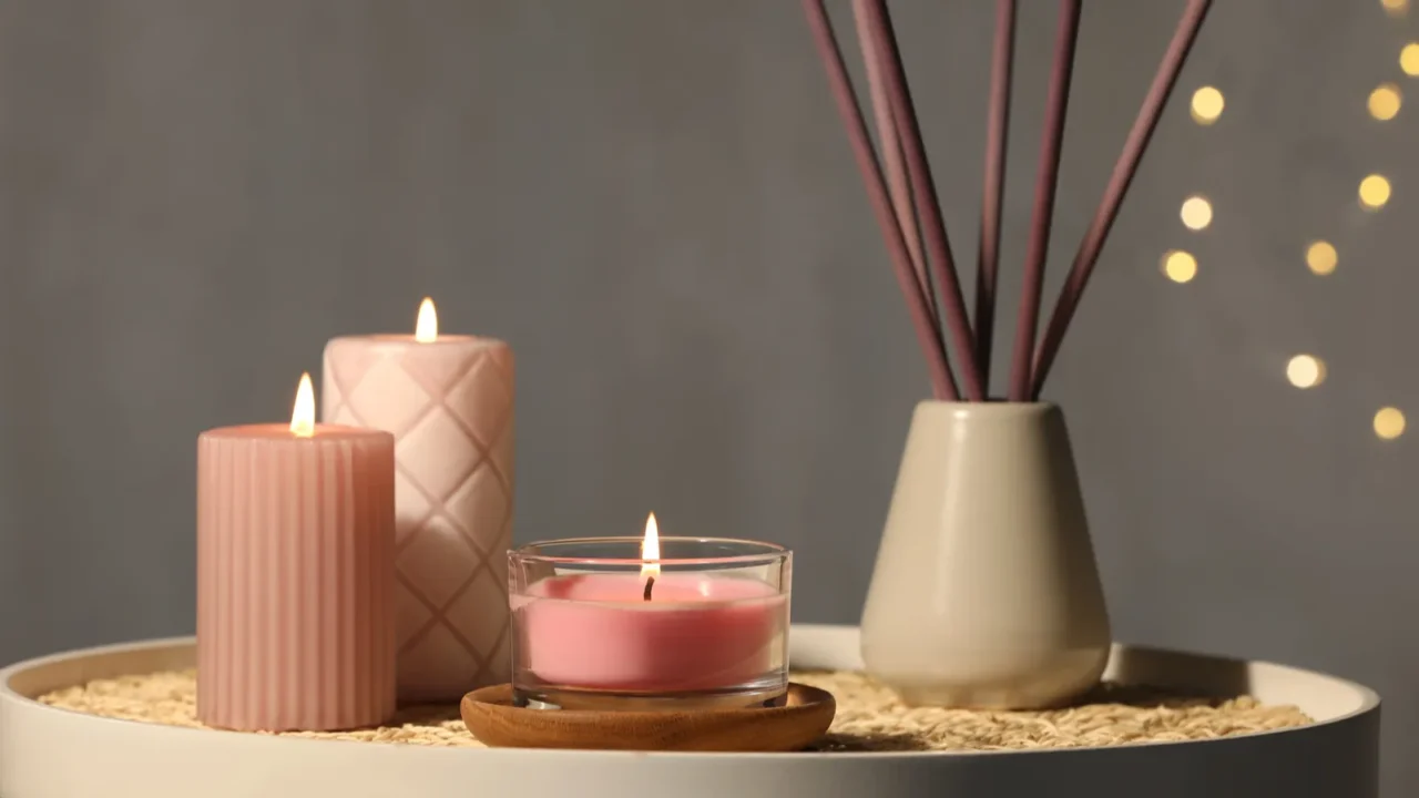 burning candles and reed diffuser on table against grey background