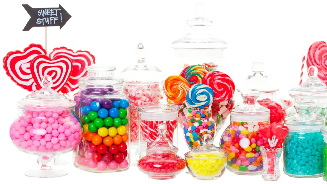 Colorful sweets and candy in different jars on a white table.