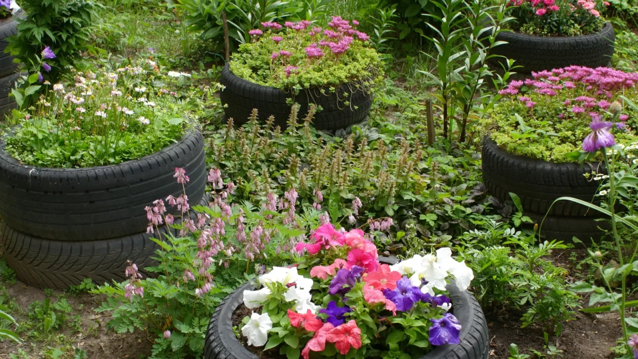 cozy little garden with flowerbeds from old car tires