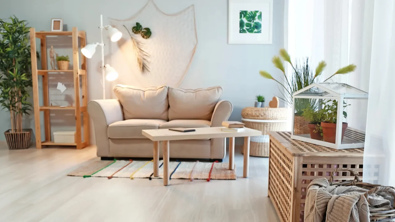 cozy living room interior in eco style with comfortable furniture