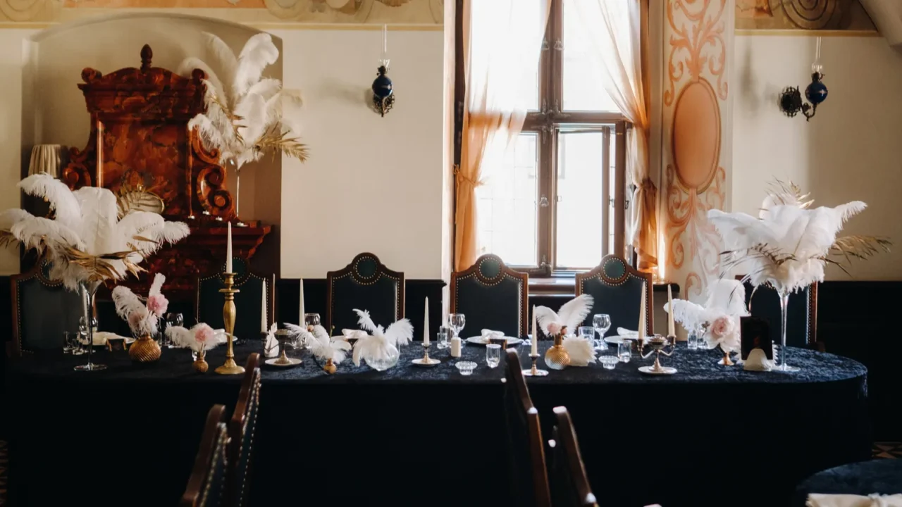 decorated festive table for a wedding evening in an old