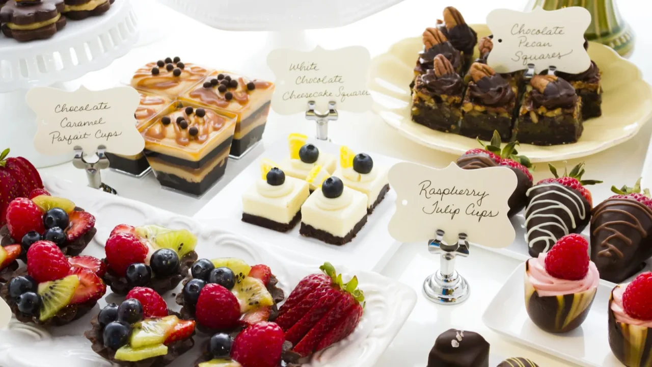 A dessert bar with handwritten dessert labels beside the treats.