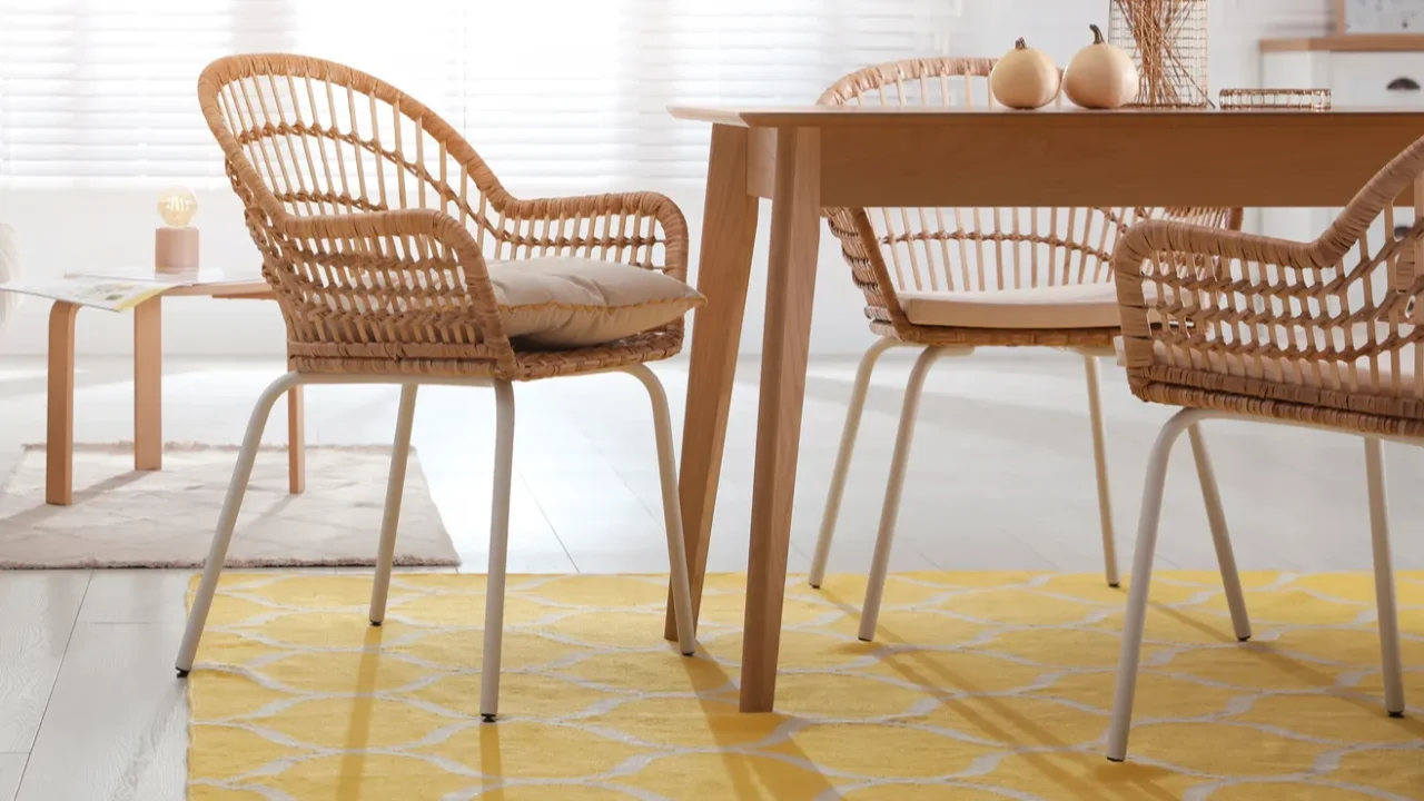 dining room interior with wooden table and wicker chairs