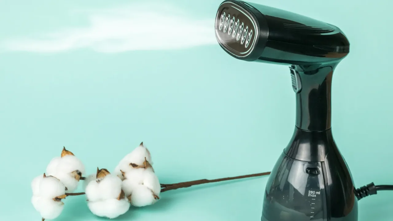 electric steamer and a sprig of cotton on a blue