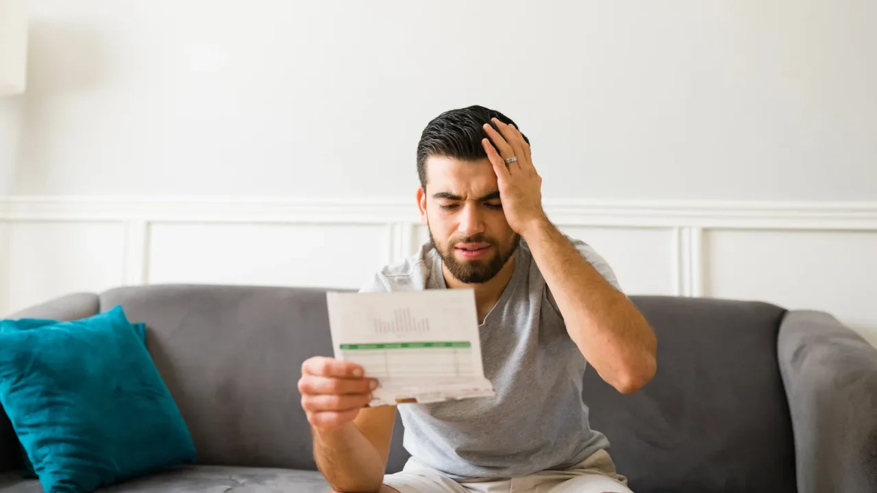 expensive bills stressed latin man looking at the high electricity