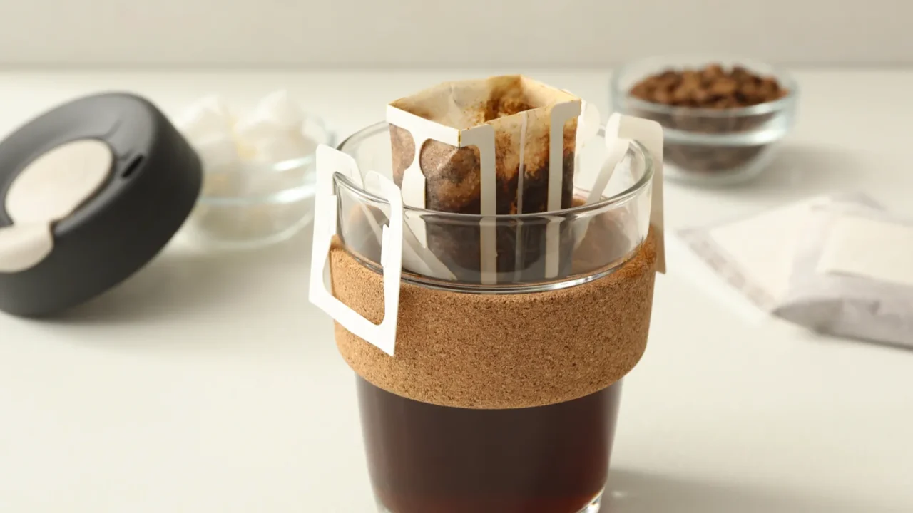 A glass cup filled with coffee and a used coffee filter on top.