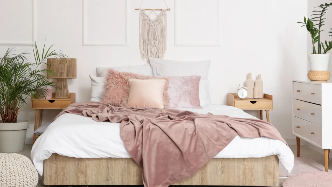 interior of bedroom with tables pouf and drawers