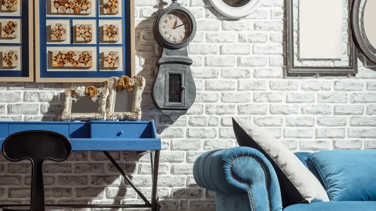 interior of modern retro styled living room with chair table