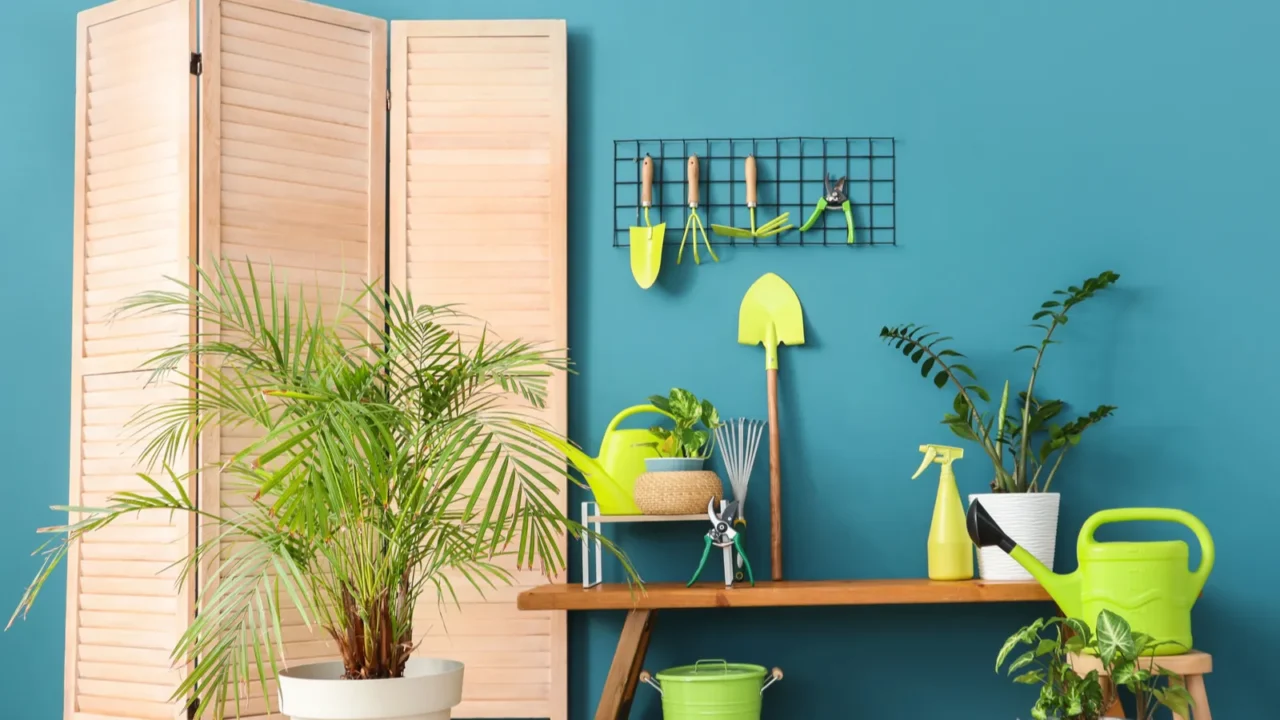 interior of workshop with gardening tools bench and pin board
