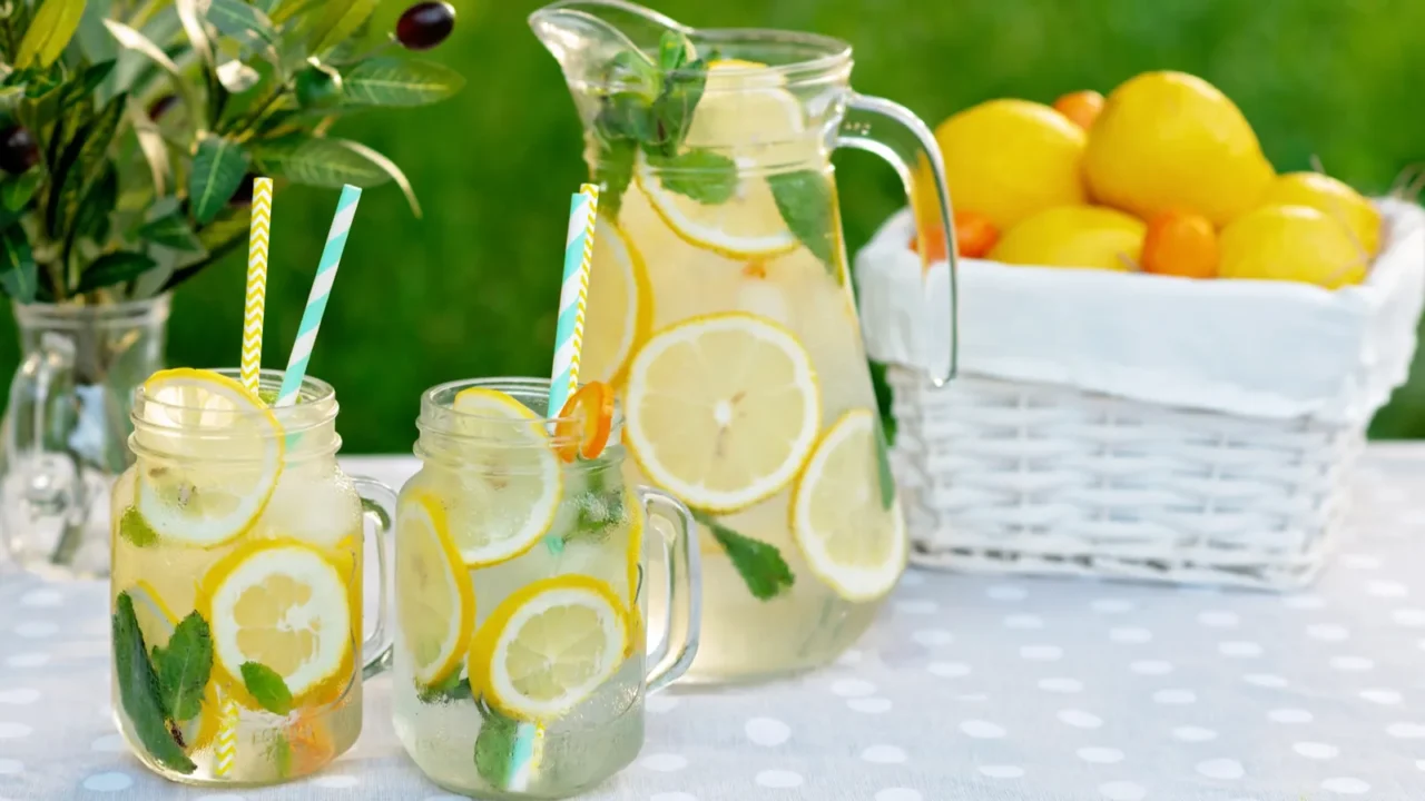 An outdoor drink station with fresh lemons in a basket and a fresh lemonade in a pitcher and mason jars on the table.