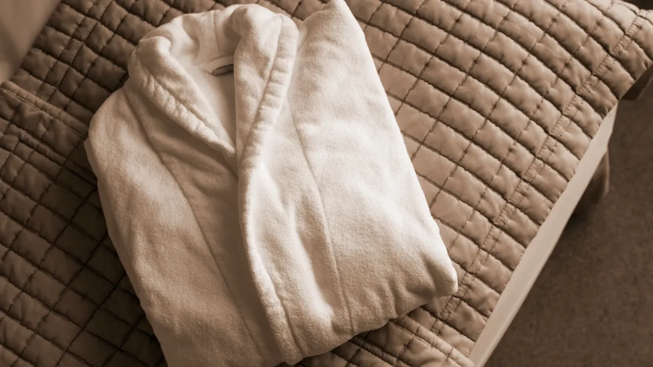 A cozy folded white bathrobe on a brown quilted bedspread.