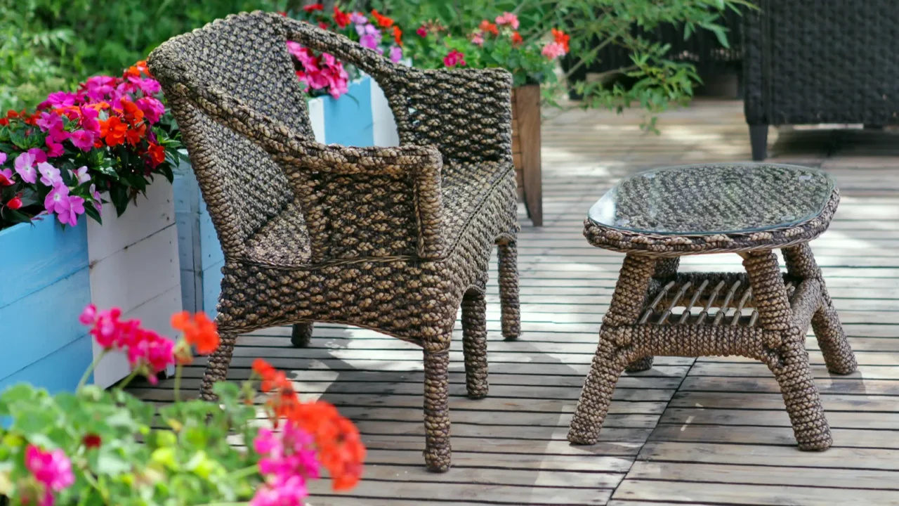 A stylish patio with wicker armchair and coffee table surrounded by colorful flowers.