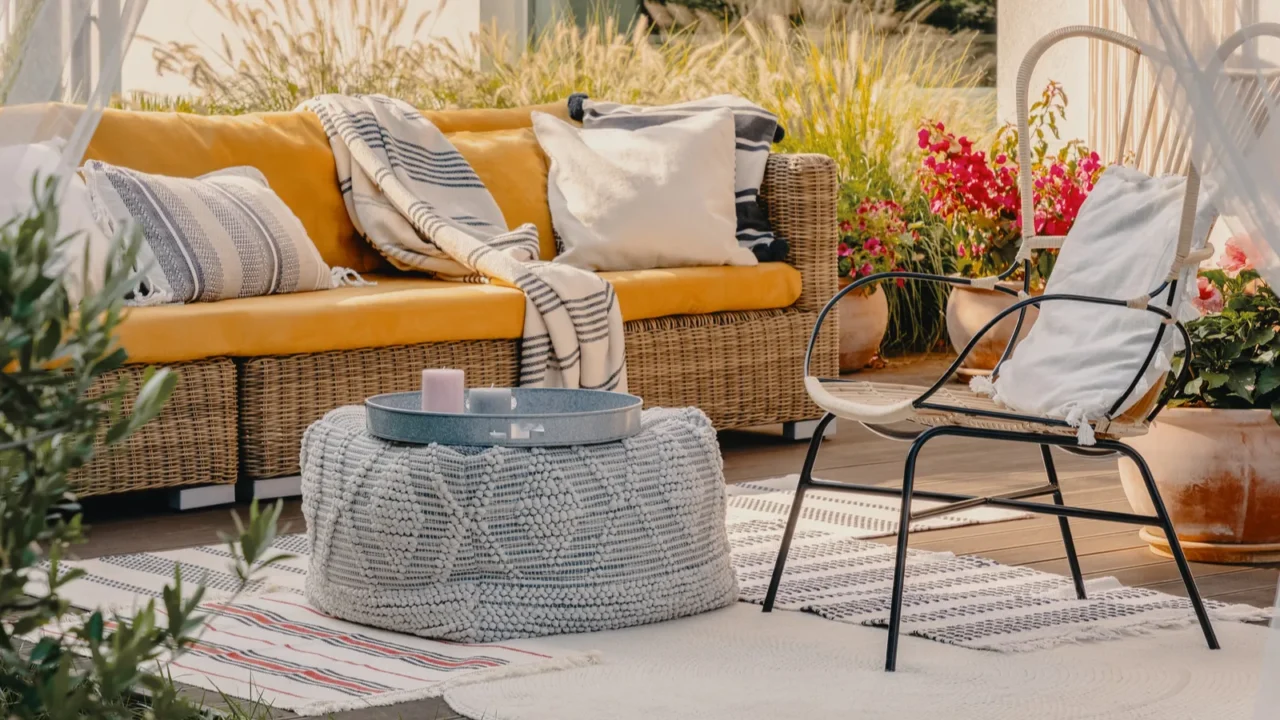 A cozy garden seating area with rattan furniture, pouf, armchair, and layered rugs.