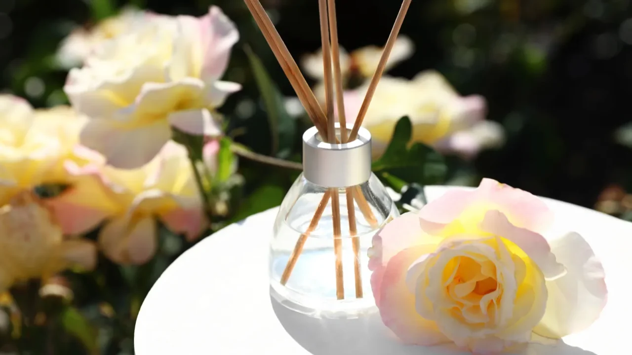 reed air freshener with oil and fresh rose on table