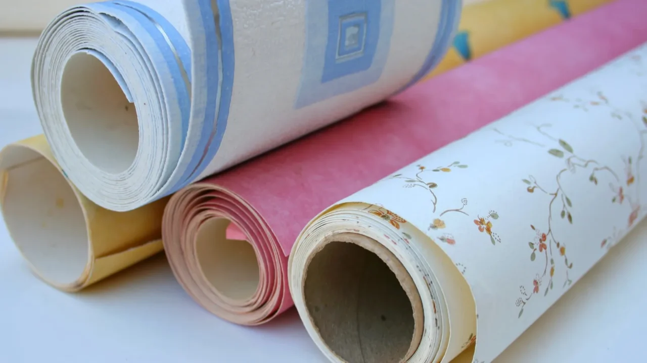 Different patterned wallpaper rolls on a white table.