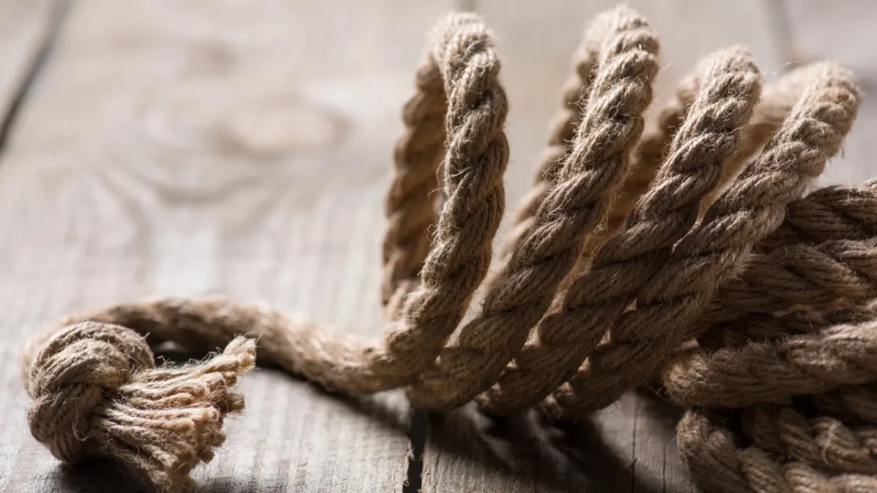 selective focus of beige knotted nautical rope on wooden background