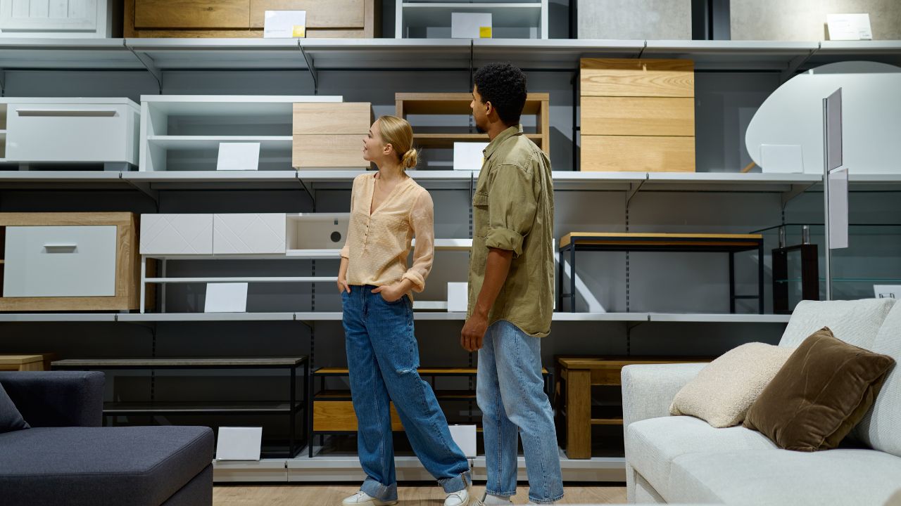 Two people are having a conversation in a furniture store.