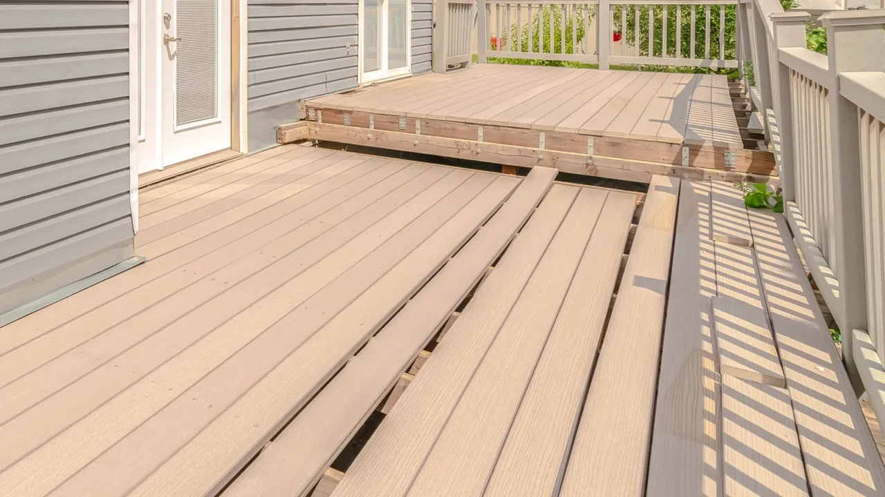 square frame outdoor deck construction on modern town house