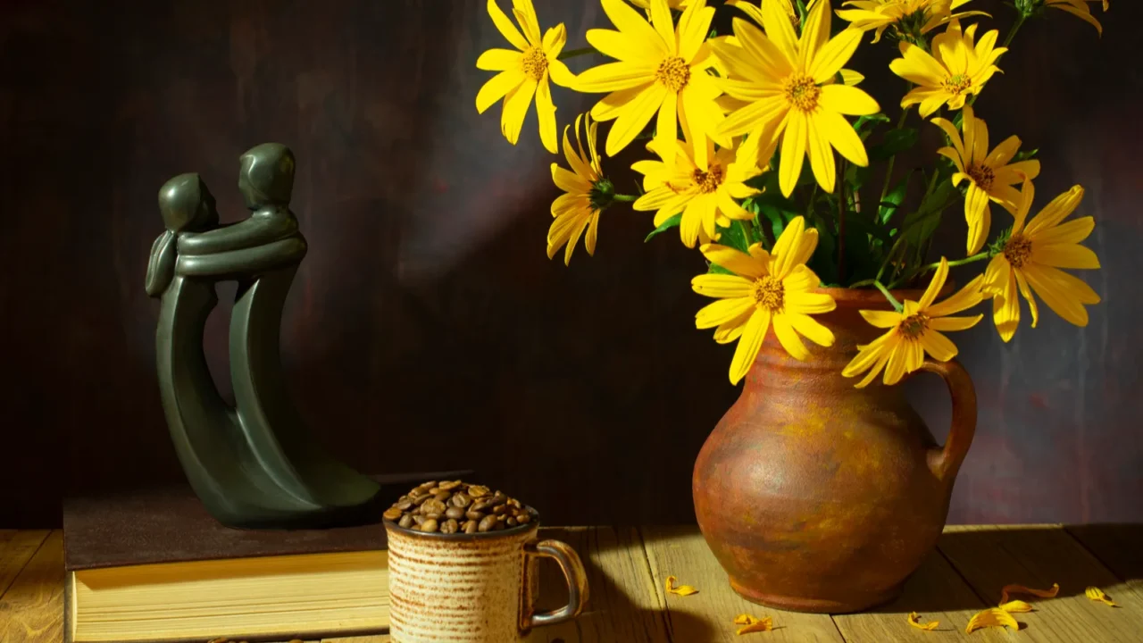 still life yellow flowers in a ceramic vase a figure