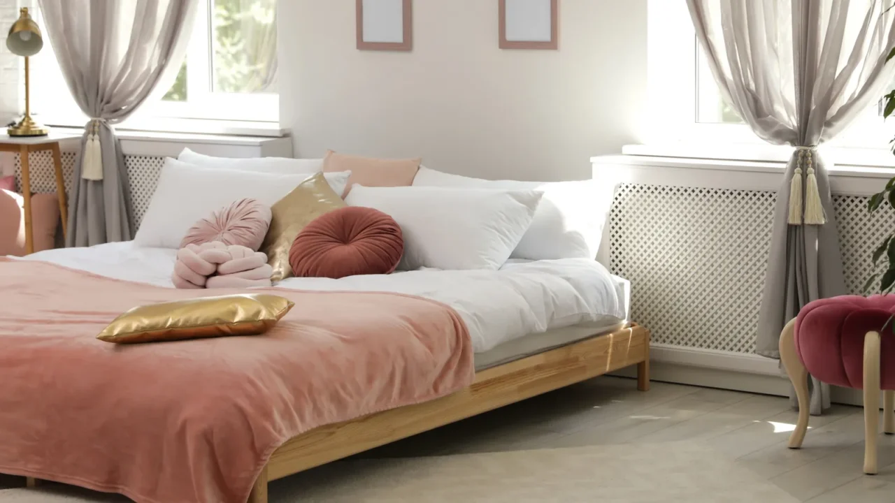 Cozy bedroom with white bedding, pink and gold decorative pillows, and natural light.