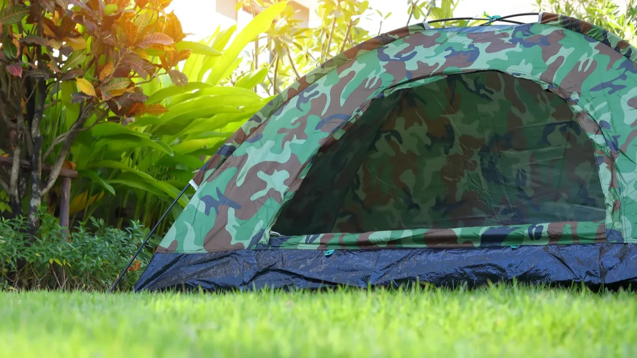 tent camping on green grass lawn campsite equipment for trip