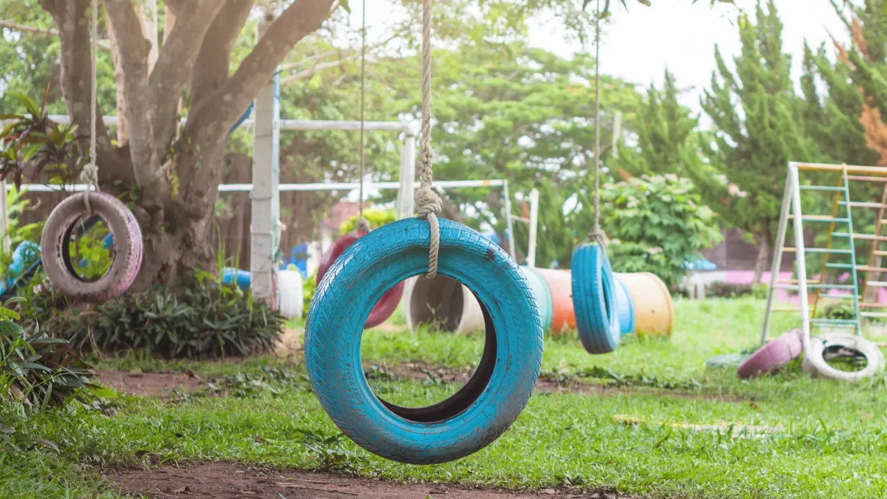 tire swing hanging from a tree in the playground