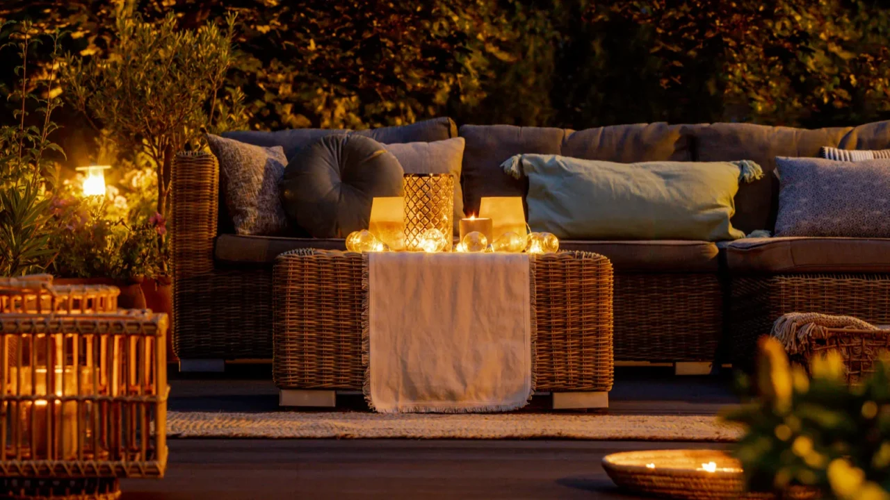 trendy furniture lights lanterns and candles in the garden at