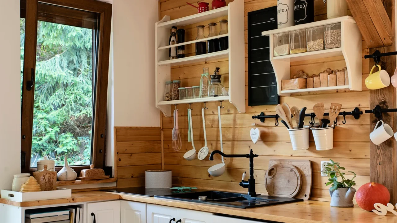 vintage rustic interior of kitchen with white furniture wooden wall