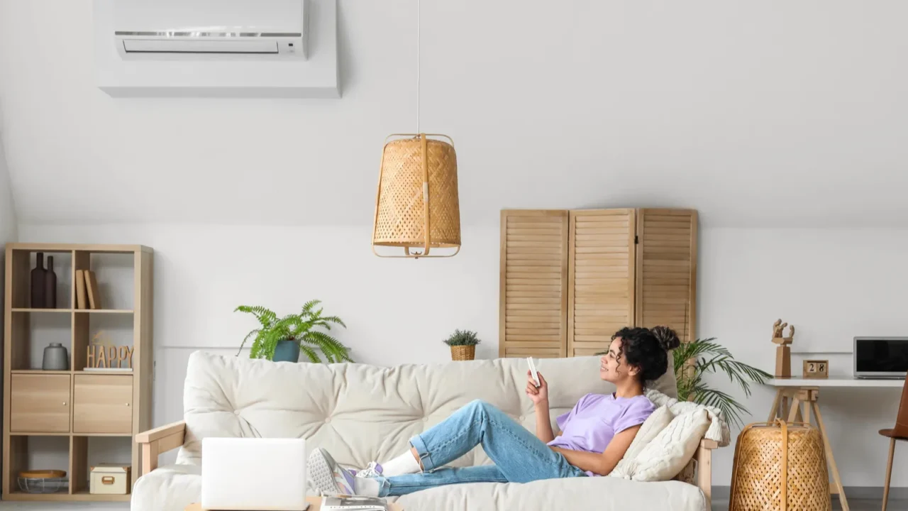young woman switching on air conditioner while sitting on sofa