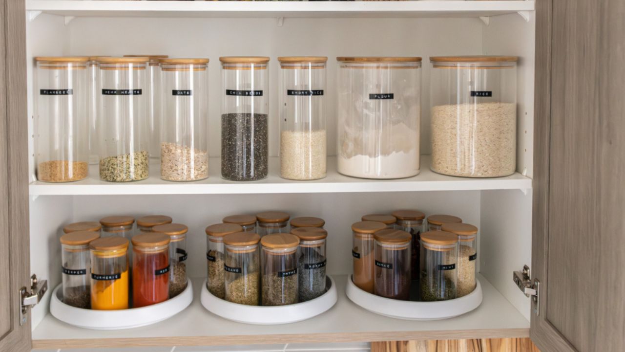 Kitchen spice jars on shelves inside a cabinet.