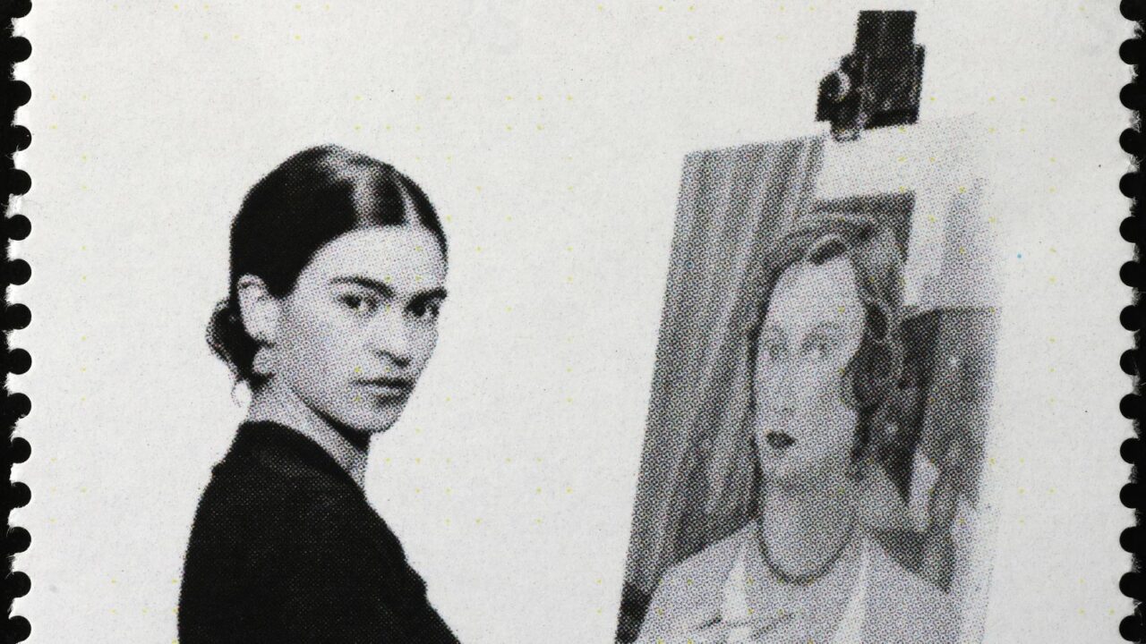 Photography of Frida Kahlo at work on postage stamp