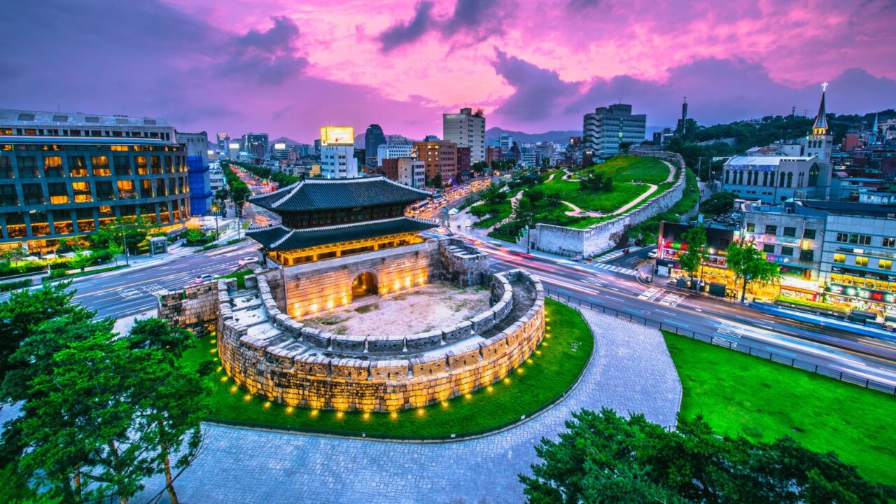 Seoul Dongdaemun Gate and Traffic in Seoul, South Korea.