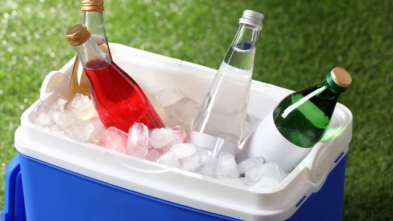 Bottles of soda in a cooler filled with ice outdoors.