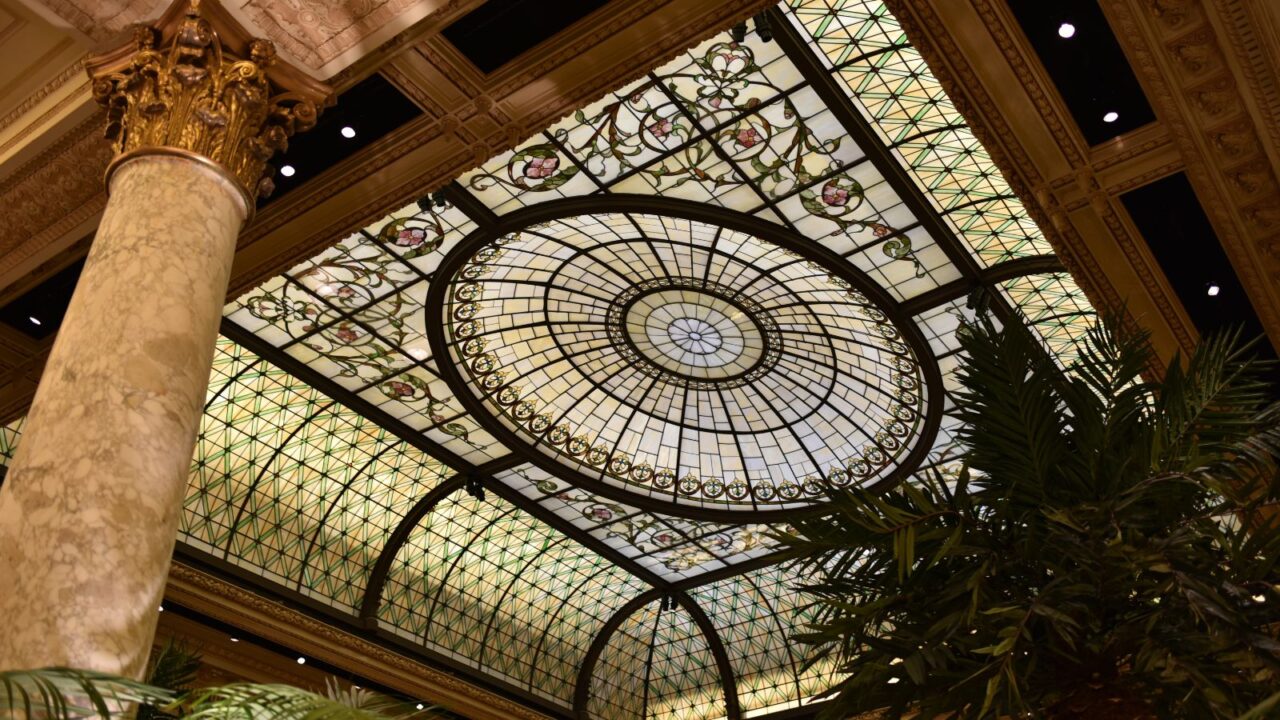 Beautiful ceiling with intricate artwork in the Plaza Hotel.