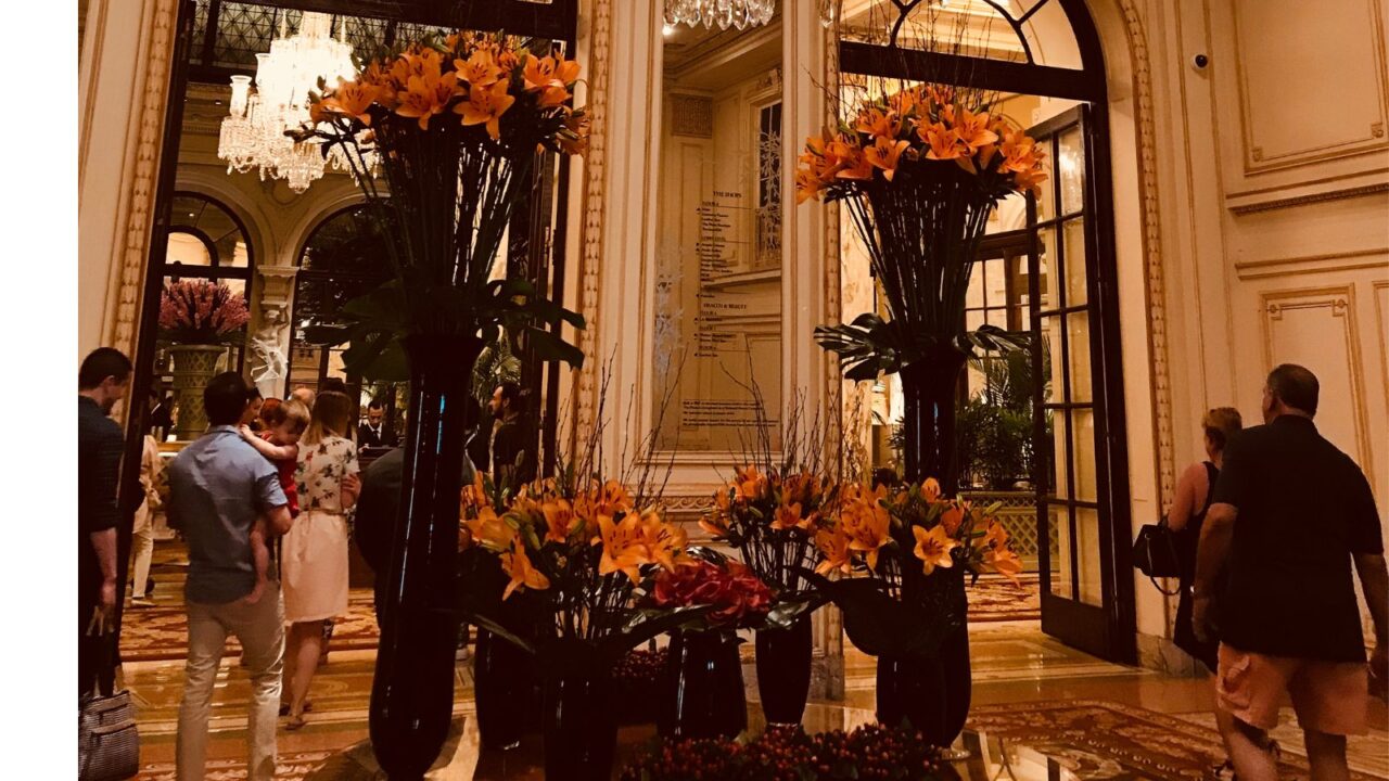 Stunning floral arrangements in huge vases in the Plaza Hotel lobby.
