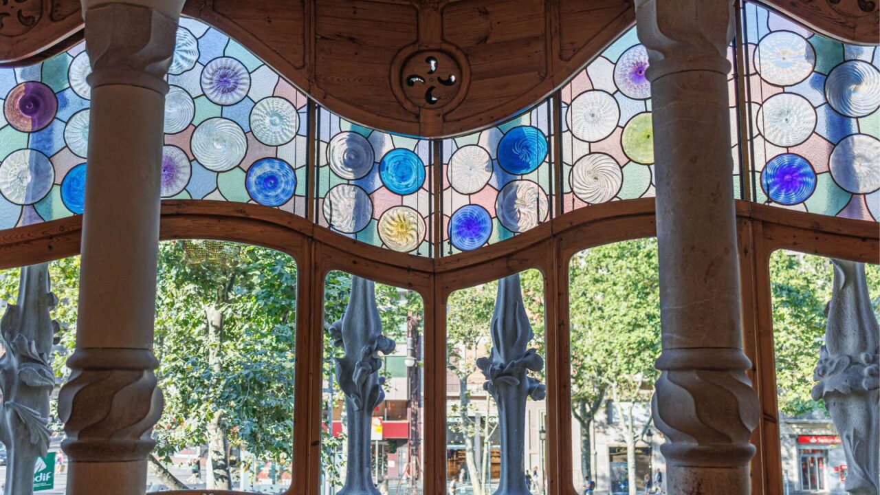 Interior of Famous Casa Batllo in Barcelona - Detail of the Stained Glass Windows, Spain.