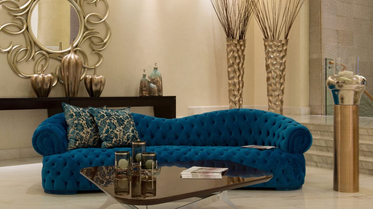 Modern living room design with sofa and big mirror on the wall