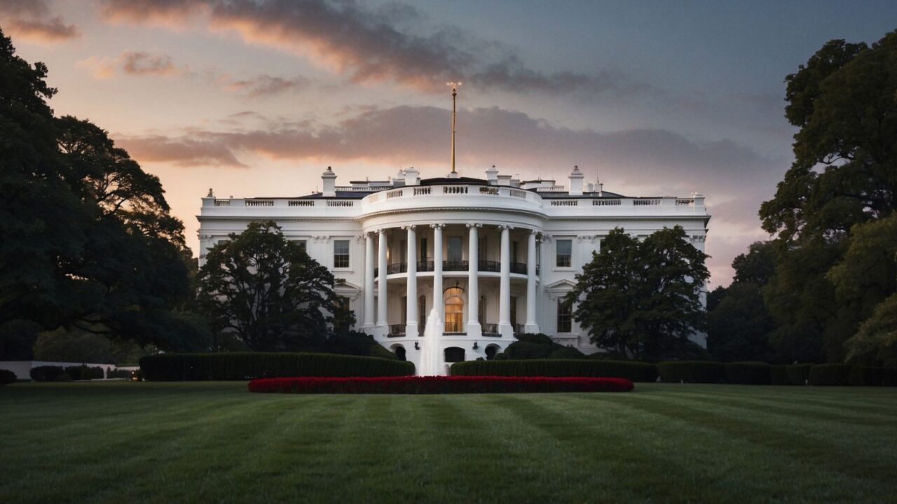 The White House at dusk, viewed from the lawn with a fountain in the foreground and trees flanking the building. The sky above is a mix of orange and purple hues as the sun sets.