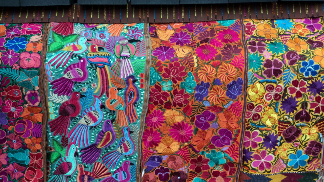 Colorful imported textiles on display in Santa Fe, New Mexico